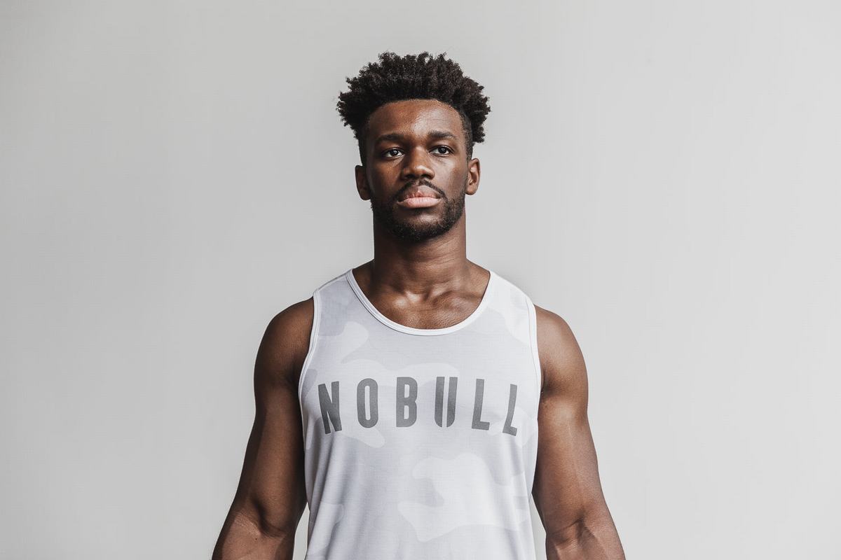 Nobull Men's Tank Tops White Camo | Australia (MI6521)